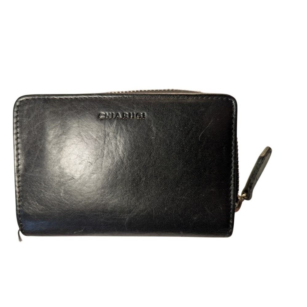 Chiarugi‎ Black Leather Bifold Zip Around Wallet RFID Protect ID Window Plaid